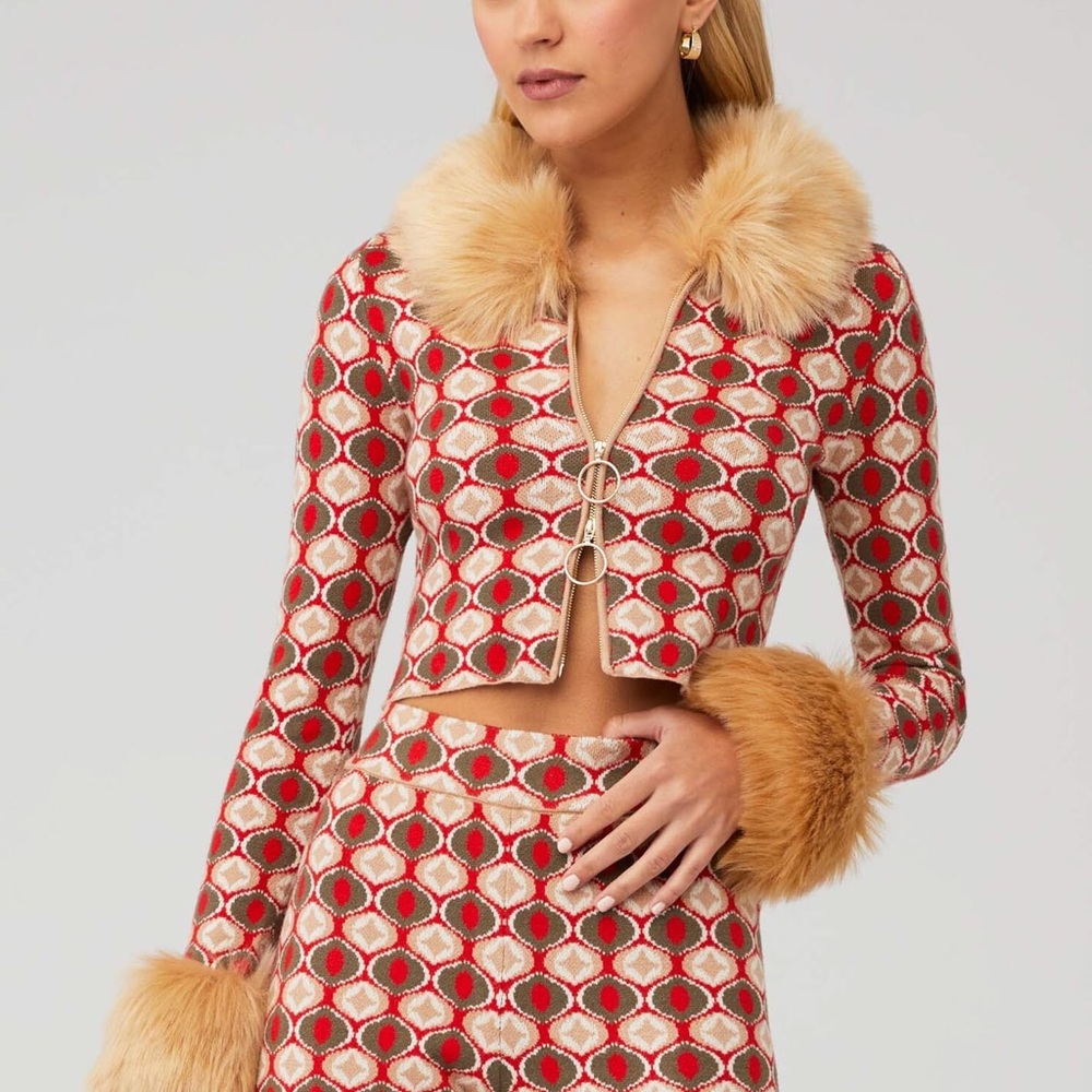 Show Me Your MuMu Red, Cream & Tan Patterned Faux-Fur Trim Cropped Jacket